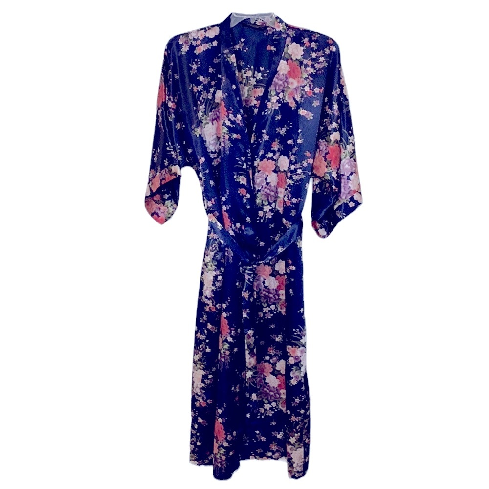 Babeyono satin kimono robe, beautiful navy floral print
